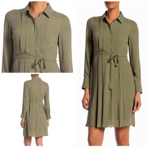 NWT Nanette Lepore Winding Vines Olive Green Pleated Waist Tie Shirtdress Dress 